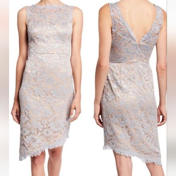 Eliza J Lace Asymmetrical Scalloped Hem Icy Blue Illusion Neckline Sheath Dress - Picture 13 of 15